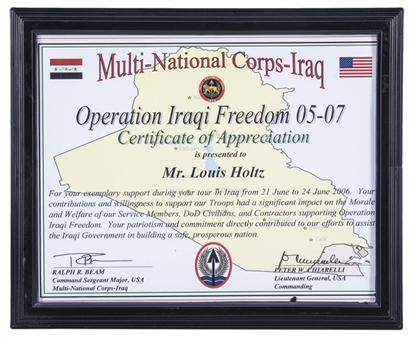 2006 Operation Iraqi Freedom Certificate of Appreciation Presented To Lou Holtz Framed To 9.5 x 11  (Holtz LOA)